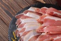 Closeup of a plate of prosciutto, an Italian dry-cured ham thinly sliced on a wooden brown background.