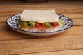 Closeup of a plate of a sandwich with cherry tomatoes lettuce and tuna in the middle of it Royalty Free Stock Photo