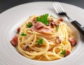 Closeup plate of spaghetti ham with Cabonara cream source with fork on table background Royalty Free Stock Photo