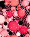 Closeup of playful polka dot bubbles in pink, red, and black