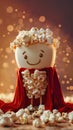 Closeup of a playful popcorn character with a villainous cape, 3D rendered to highlight its cute yet bad side , studio lighting Royalty Free Stock Photo