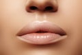 Closeup plump Lips. Lip Care, Augmentation, Fillers. Macro photo with Face detail. Natural shape with perfect contour Royalty Free Stock Photo