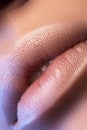 Closeup plump Lips. Lip Care, Augmentation, Fillers. Macro photo with Face detail. Natural shape with perfect contour Royalty Free Stock Photo