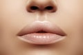 Closeup plump Lips. Lip Care, Augmentation, Fillers. Macro photo with Face detail. Natural shape with perfect contour