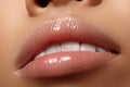 Closeup plump Lips. Lip Care, Augmentation, Fillers. Macro photo with Face detail. Natural shape with perfect contour Royalty Free Stock Photo