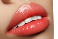 Closeup plump Lips. Lip Care, Augmentation, Fillers. Macro photo with Face detail. Natural shape with perfect contour Royalty Free Stock Photo