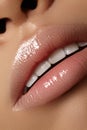 Closeup plump Lips. Lip Care, Augmentation, Fillers. Macro photo with Face detail. Natural shape with perfect contour Royalty Free Stock Photo