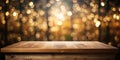 Closeup of podium placed on a wooden table and dark luxurious bokeh background AI Generative