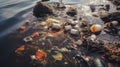 A closeup of polluted water with visible oil sheens, floating debris, and trash Royalty Free Stock Photo