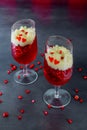 Closeup pomegranate jelly panakota dessert decorated with cream in glass