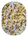 Closeup of popcorns isolated from white round vignettes frame, food photography, snacks background