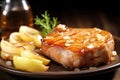 closeup of pork chop with shiny apple sauce glaze