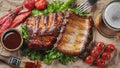 Closeup of pork ribs grilled with BBQ sauce and caramelized in honey on a paper. Tasty snack to beer. Top view. flat lay