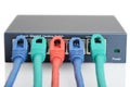 Closeup 5 port ethernet network switch with cables Royalty Free Stock Photo