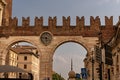 Closeup of Porta Borsari in the city of Verona located in Italy during summertime.