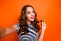 Closeup portrait of adorable optimistic sweets with vivid pomade lips ideal cosmetics she her lady holding web cam with Royalty Free Stock Photo