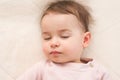 Close-up portrait of adorable toddler baby girl sleeping in the bed. Royalty Free Stock Photo