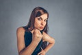Closeup portrait angry young woman showing fist Royalty Free Stock Photo