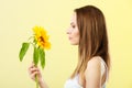 Portrait attractive woman with sunflower Royalty Free Stock Photo