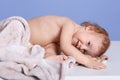 Closeup portrait of baby boy lying wrapped in towel isolated over blue studio background, little kid indulges after bathing Royalty Free Stock Photo