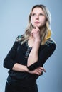 Closeup portrait of a girl, on an isolated gray background. Human face expression, emotions, feeling attitude reaction