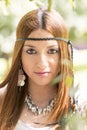 Closeup portrait of beautiful hippie young girl looking at the c Royalty Free Stock Photo