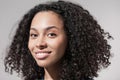 Closeup portrait of beautiful smiling young woman. Laughing joyful cheerful girl close-up studio shot Royalty Free Stock Photo