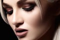 Closeup with of beautiful blond woman. Fashion makeup, clean shiny skin. Makeup and cosmetic. Beauty style on model face