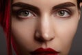 Closeup portrait with of beautiful woman face. Red color of fashion lip makeup, clean shiny skin and strong eyebrows Royalty Free Stock Photo