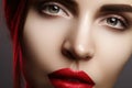 Closeup portrait with of beautiful woman face. Red color of fashion lip makeup, mat lipstick. Makeup and cosmetic Royalty Free Stock Photo