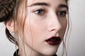 Closeup portrait of beauty model with cherry lips
