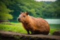 closeup portrait Brown capybara sitting by the lake. ai generative