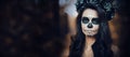 portrait of Calavera Catrina in black dress. Sugar skull makeup. Dia de los muertos. Day of The Dead Royalty Free Stock Photo