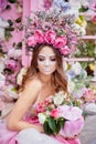 Closeup portrait of Calavera Catrina in pink dress. Sugar skull makeup. Dia de los muertos. Day of The Dead. Halloween Royalty Free Stock Photo