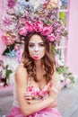 Closeup portrait of Calavera Catrina in pink dress. Sugar skull makeup. Dia de los muertos. Day of The Dead. Halloween Royalty Free Stock Photo