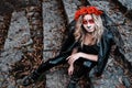 Closeup portrait of Calavera Catrina. Young woman with sugar skull makeup. Dia de los muertos. Day of The Dead Royalty Free Stock Photo