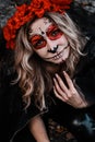 Closeup portrait of Calavera Catrina. Young woman with sugar skull makeup. Dia de los muertos. Day of The Dead Royalty Free Stock Photo