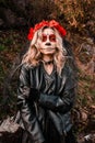 Closeup portrait of Calavera Catrina. Young woman with sugar skull makeup. Dia de los muertos. Day of The Dead Royalty Free Stock Photo