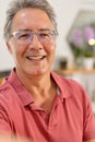 Closeup portrait of caucasian smiling senior man wearing glasses at home, copy space Royalty Free Stock Photo