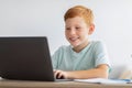 Closeup portrait of cheerful redhead boy using laptop Royalty Free Stock Photo