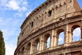 Closeup portrait of Coliseum building old wall with arch in Rome