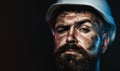 Closeup portrait of construction worker in hard hat. Pensive bearded man in protective helmet. Serious professional Royalty Free Stock Photo