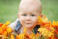 Closeup portrait of cute funny adorable blond Caucasian baby boy with blue eyes in tshirt and jeans romper lying on grass field me Royalty Free Stock Photo