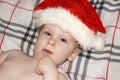 Closeup portrait of a cute little baby boy wearing red Santa Claus traditional Christmas costume.Christmas of infant in red cap. N Royalty Free Stock Photo