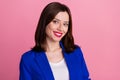 Closeup portrait of cute young business woman wear blue jacket toothy white smile enjoy her new vacancy job  on Royalty Free Stock Photo