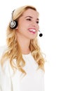 Closeup portrait of female customer service representative wearing headset. Royalty Free Stock Photo