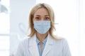 Closeup portrait of female doctor in protective face mask