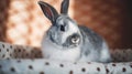 closeup portrait of a fluffy grey domestic bunny at home