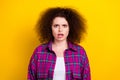 Closeup portrait of funny aggressive woman confused bad news chevelure hairstyle open mouth unexpected reaction isolated