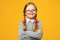 Closeup portrait of a funny little girl in glasses on a yellow background. Child schoolgirl folded her arms Royalty Free Stock Photo
